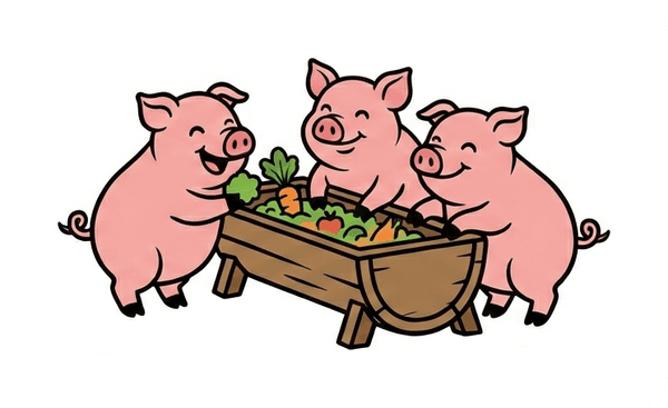 Three pigs eating from a trough